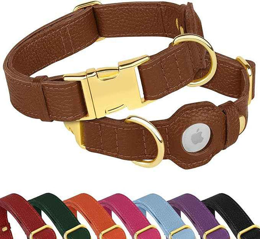 Leather Airtag Dog Collar - Soft Tracking Dog Collar with Apple AirTag Holder and Metal Buckle - Safety GPS Pet Collars for Small Medium Large Dogs Puppy Pink Red (Brown, M, 14"-18" Neck Fit)