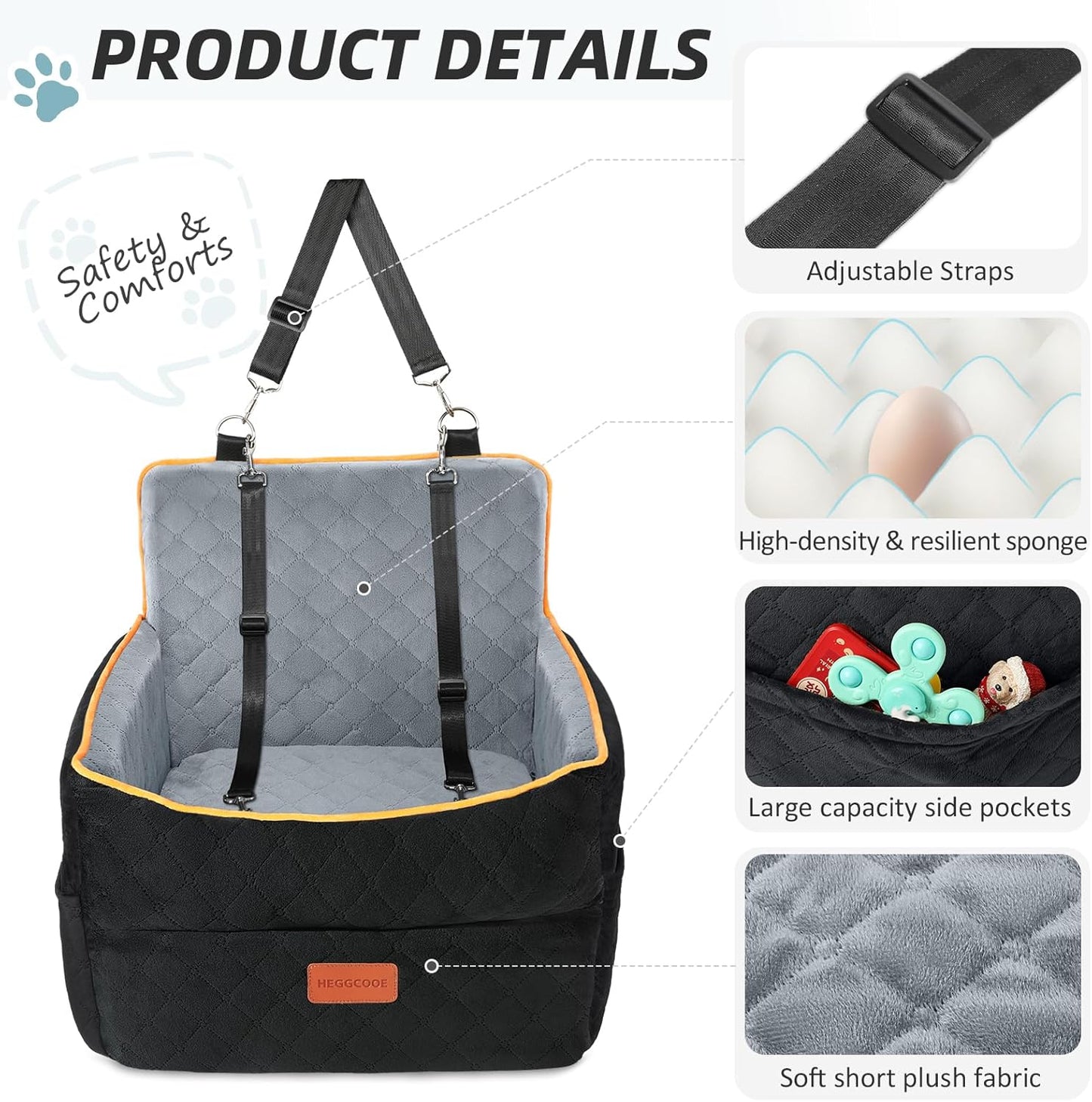 Small Dog Car Seat, Memory Foam Dog Booster Seats with Thick Cushion for Medium Dogs Under 35lbs, Detachable Washable Pet Car Seat Bed with Storage Pockets,2 Safety Belts - Pet Explorer