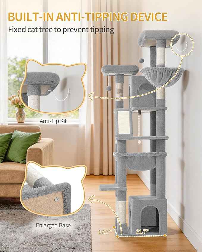 Large Cat Tree, 72 Inch Tall Indoor Cat Tower for 6 Large Cats, Corner Climbing Activity Pet Condo with 2 Large Platforms/2 Cats House/6 Scratching Post/1 Hanging Basket, Light Gray MS18318LG