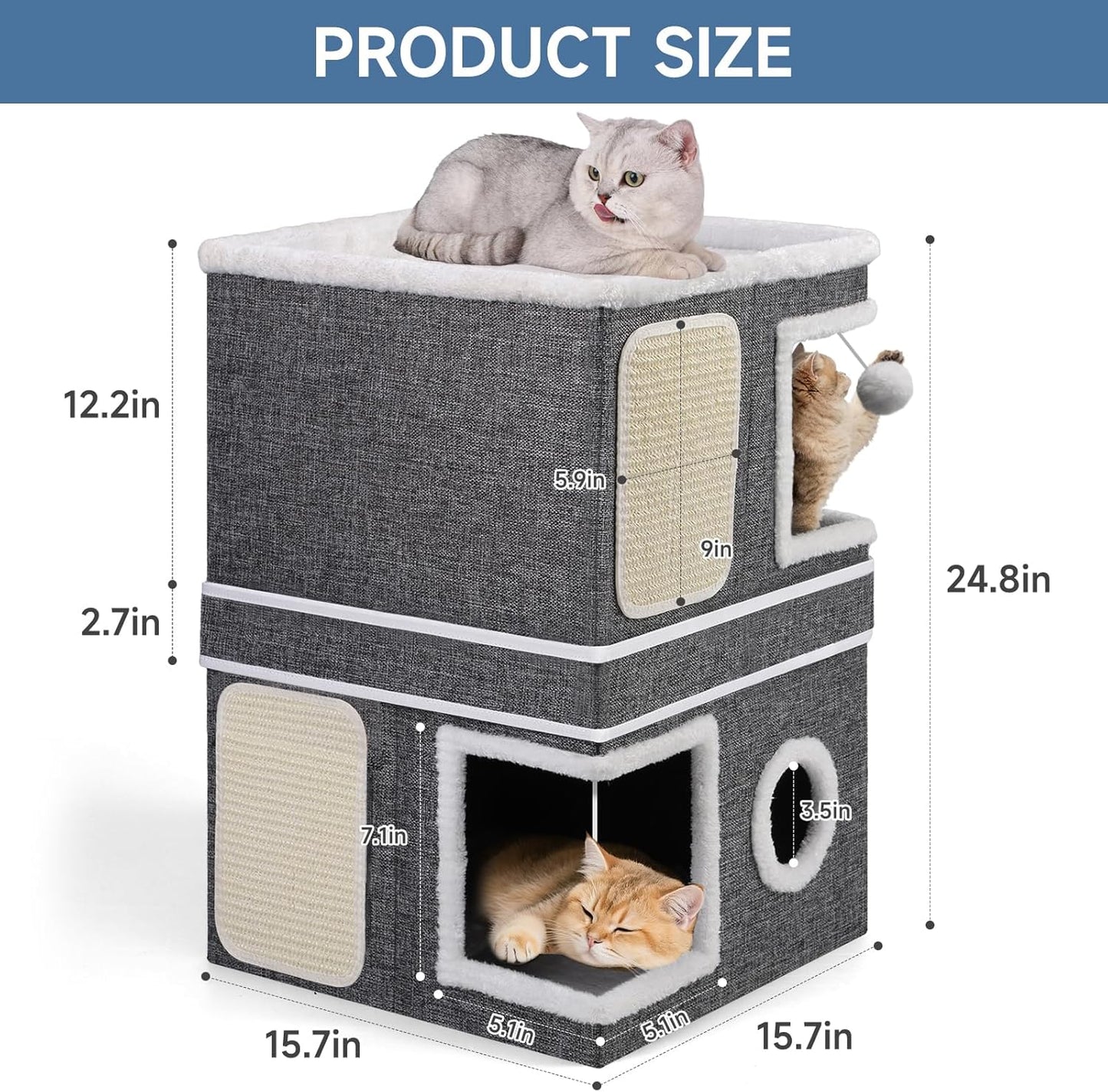 2-Storey Cat House for Indoor Cats, Separate Into 2 Large Cat Bed Cave with Hideaway Condos, Scratch Pads, Hanging Balls, Foldable Indoor Cat House Hold Up to 30LBS, Cat Cube for Multiple Cats Kitten - Pet Explorer
