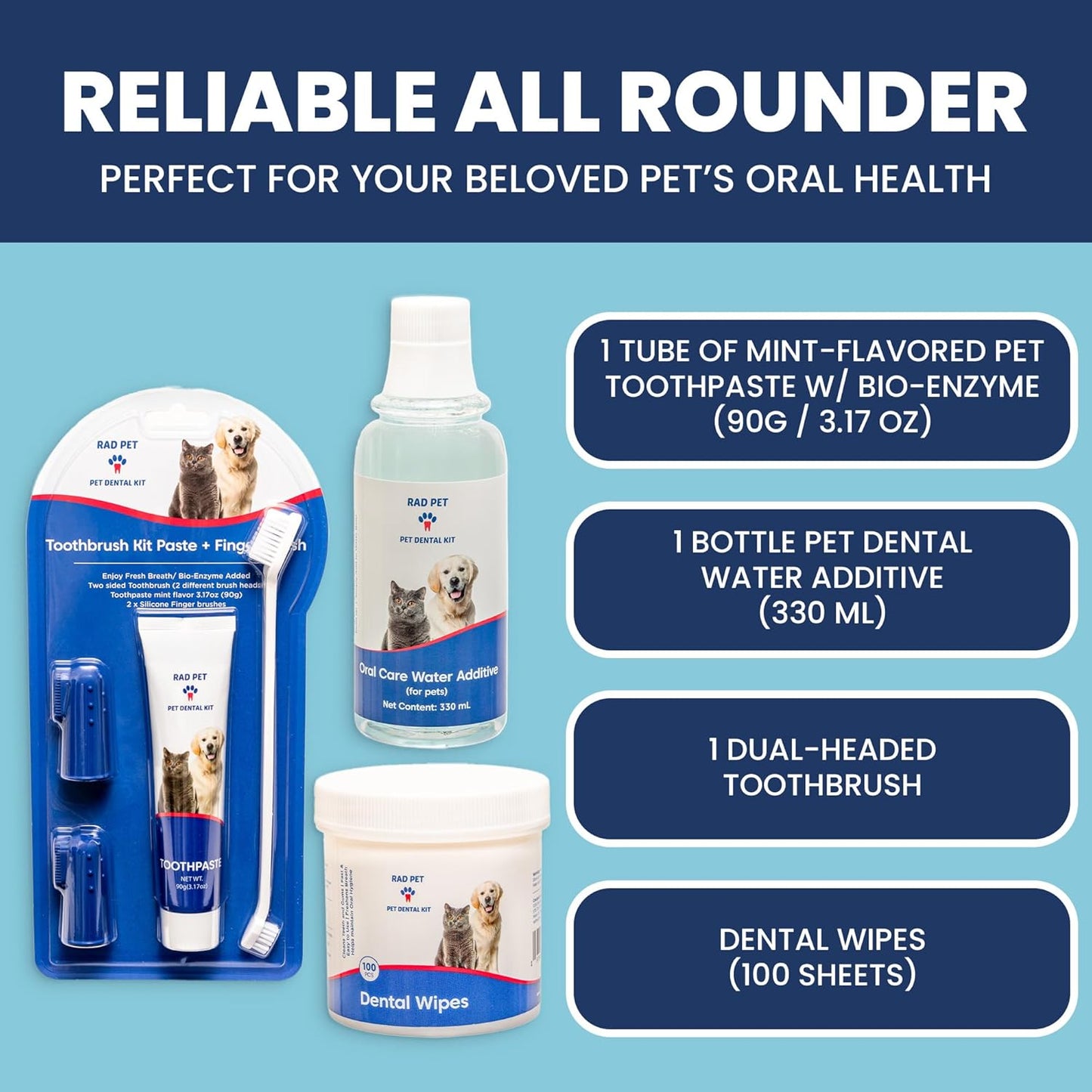RAD PET - Advanced Pet Dental Hygiene Kit, Vet-Formulated Cat & Dog Tooth Brushing Kit, Complete Oral Care with Cat/Dog Toothbrush and Toothpaste (Enzymatic), Pet Dental Wipes & Water Additive - Pet Explorer