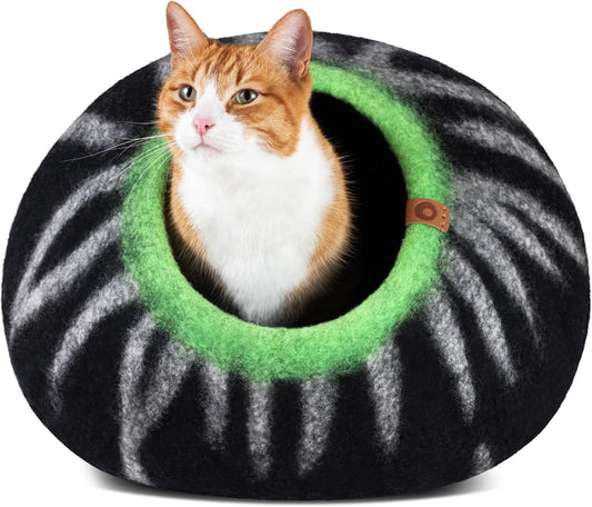 MEOWFIA Cat Cave – Premium Felt Cat Bed for Indoor Cats, Handmade 100% Merino Wool (Large, Shining Tiger) - Pet Explorer