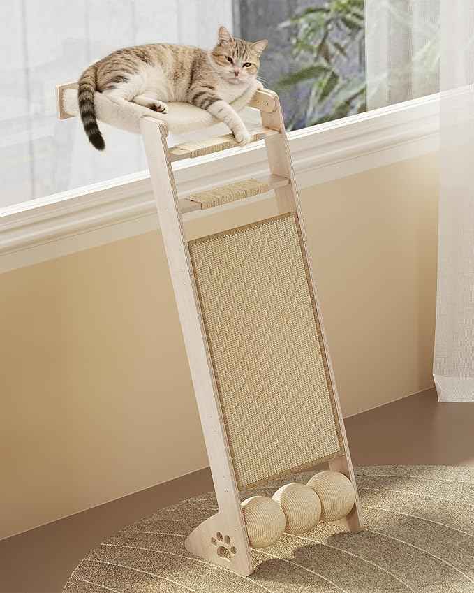 51'' Cat Window Perch with Sisal Pad, Extra-Wide Cat Scratcher with Suction Cups for Glass, Sisal Ball Hammock Ladder for Sleeping, Playing and Watching Bird