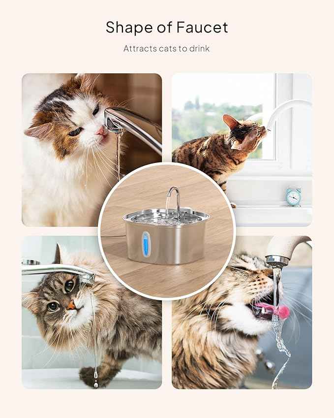 PEKTACO Stainless Steel Cat Water Fountain, 3.2L/108oz Cat Water Dispenser with Ultra-Quiet Water Pump and Water-Level Window, Dishwasher Safe Pet Drinking Fountain for Cats & Small Dogs
