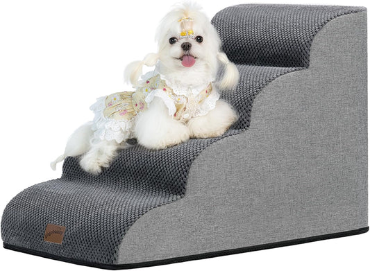 GoGoBunny Waterproof High Density Foam Curved Dog Stairs for High Beds Couches 19.7" H, 4-Step Ramp Dog Steps Friendly to Small Medium Dogs or Pets Joints, Non-Slip Balanced Durable Pet Step, Grey - Pet Explorer