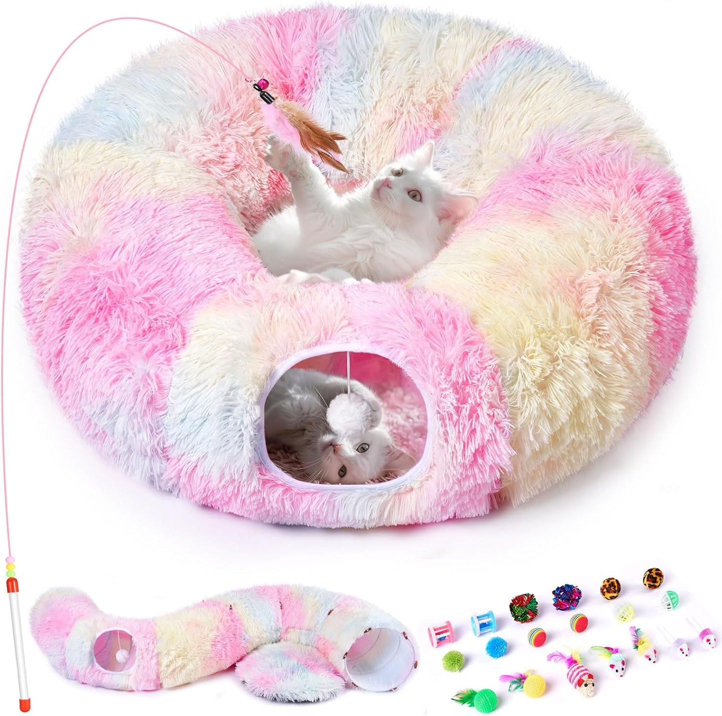 Odoland Cat Tunnels Bed with 20 Cat Toys for Indoor Cats, Plush Cat Couch Tunnel Bed for Kitten, Cat Cave Donut Tunnel - Detachable Soft Cat Bed and Variety Kitty Toy Set, Pink - Pet Explorer