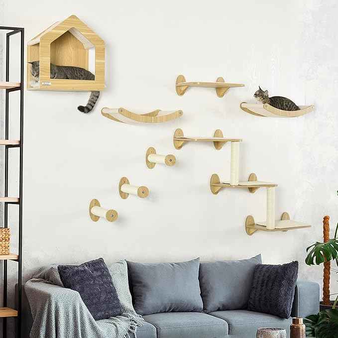 10-Piece Wall-Mounted Cat Tree Set, Multi-Level Cat Climbing Shelves with House, Hammocks, Perches and Scratching Posts for Indoor Cats, Wooden Cat Furniture