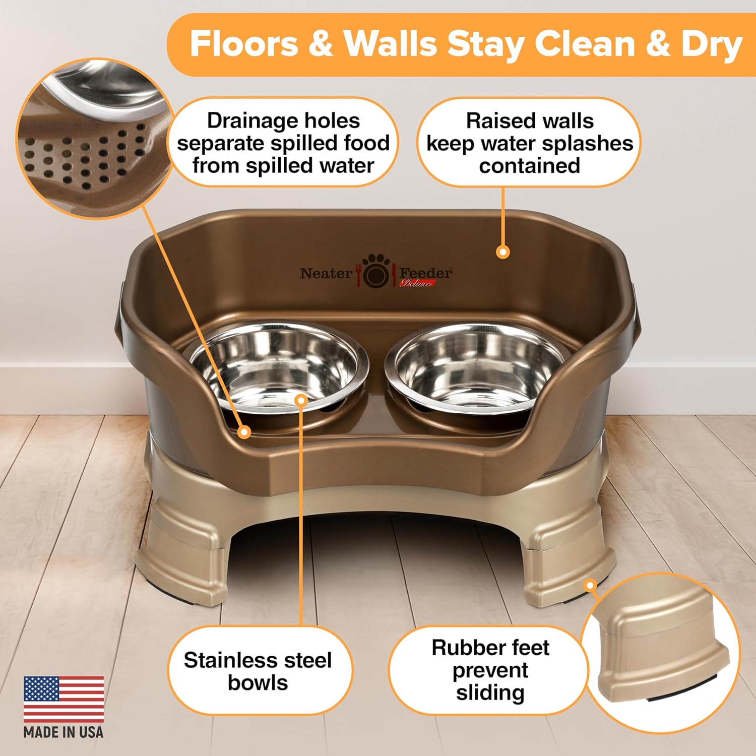 Neater Feeder Deluxe Mess Proof Dog Bowls Elevated for Small Breeds – Made in USA – No Spill Raised Dog Food Bowl Stand w/Leg Extensions – Stainless Steel Dog Food and Water Bowl Set – Bronze - Pet Explorer