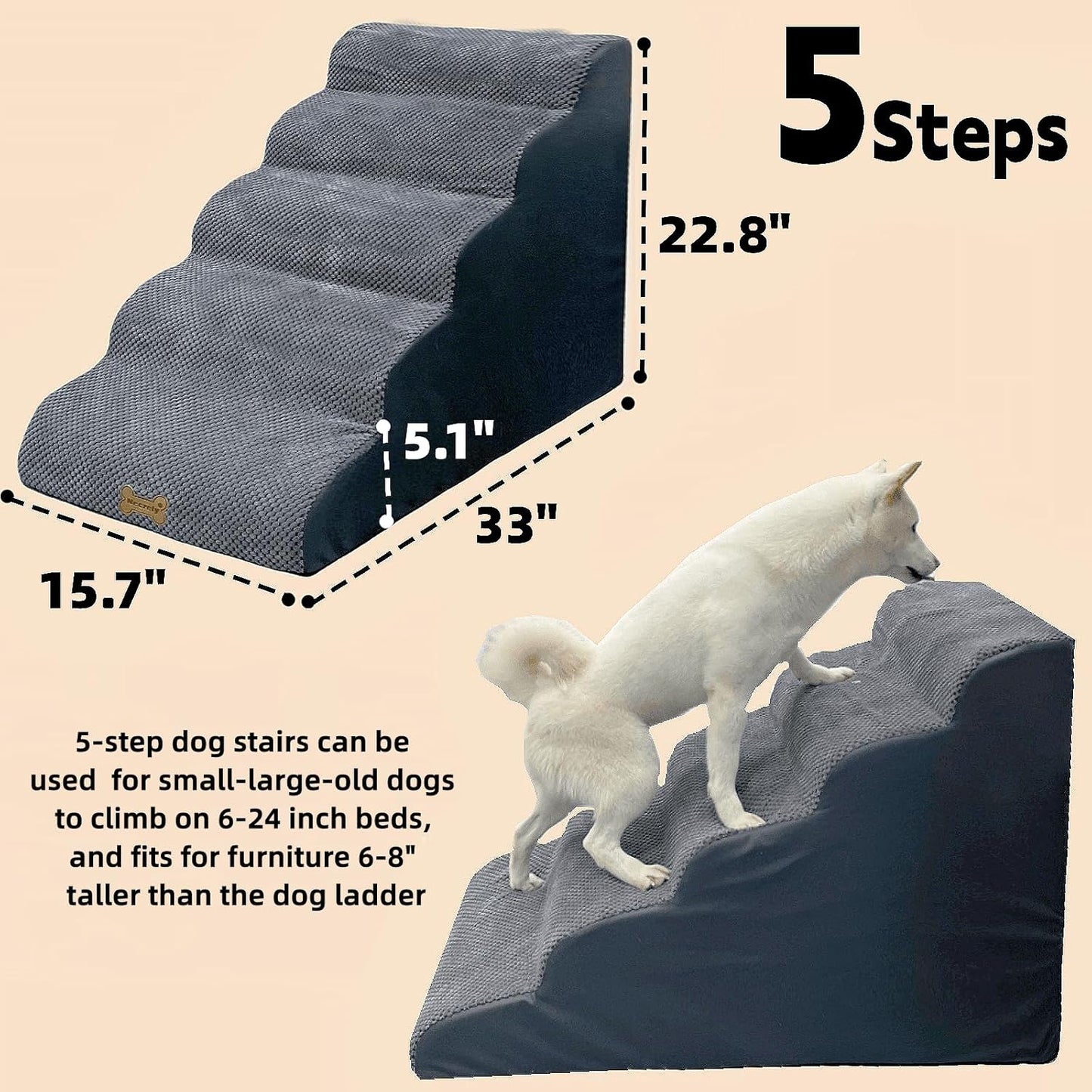 5-Step Dog Stairs for 30 Inch High Beds & 20-30 Inch Couch Bed, Non-Slip Balanced Indoor Pet Ramp Stairs for Small Old Large Dogs Cats to Get on Bed 30D - Pet Explorer