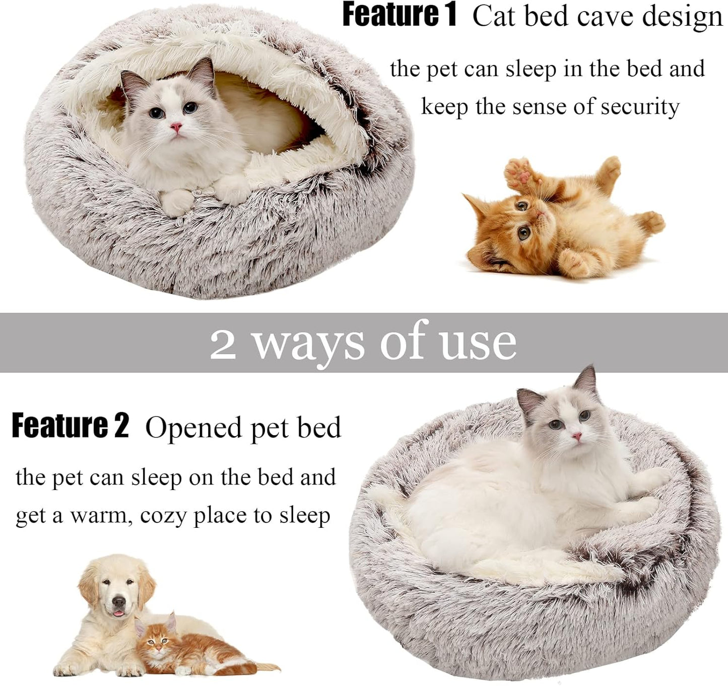 Calming Dog Beds & Cat Cave Bed with Hooded Cover,Removable Washable Round Beds for Small Medium Pets,Anti-Slip Faux Fur Fluffy Coved Bed for Improved Sleep,Fits up to 15/25 lbs (Small,20"x20") - Pet Explorer