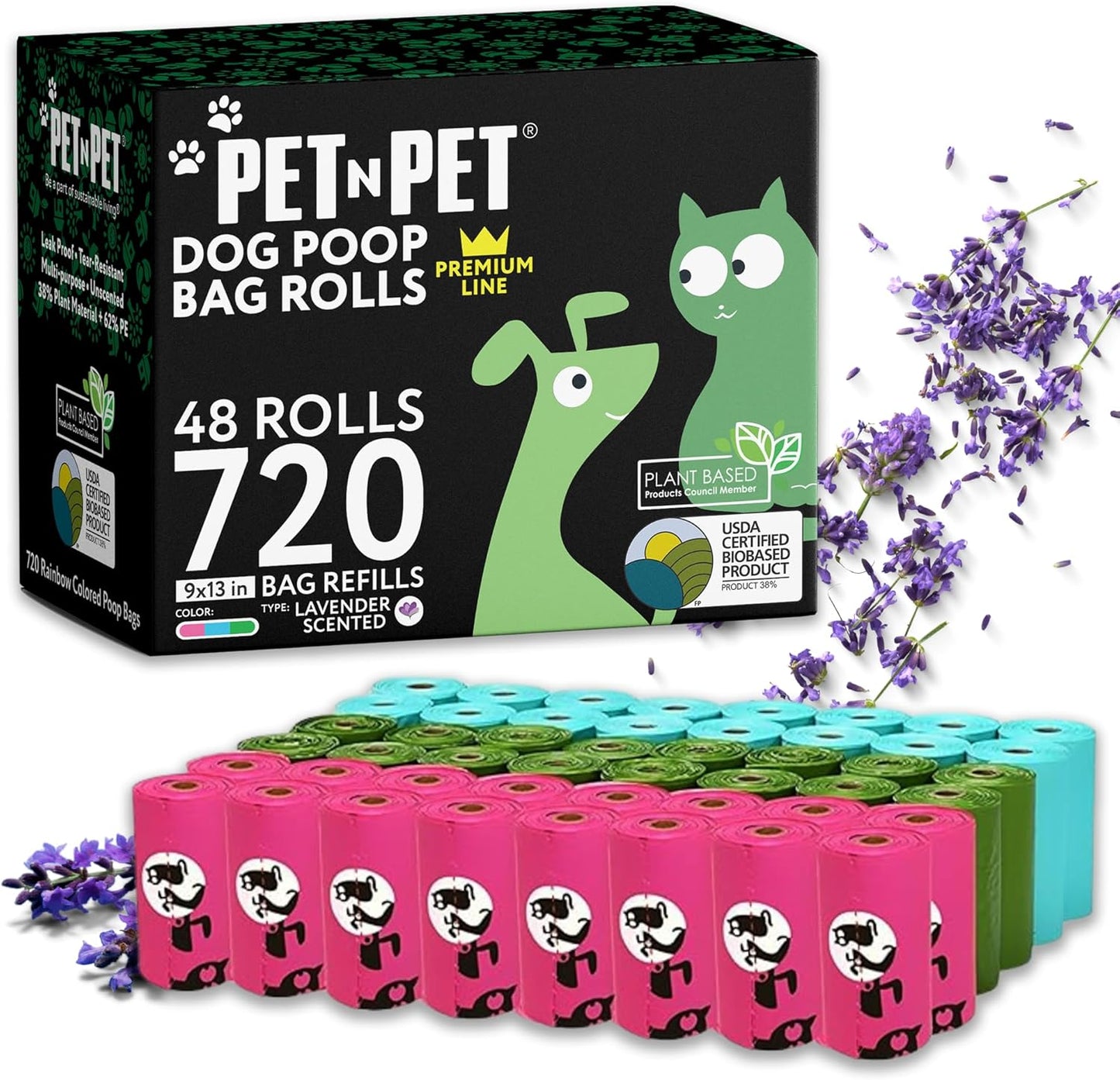 Pet N Pet 720 Counts Lavender Scented, Colorful Poop Bags for Dogs, 38% Plant Based & 62% PE Dog Poop Bags Rolls, Extra Thick Dog Waste Bag, Doggy Bag - Pet Explorer