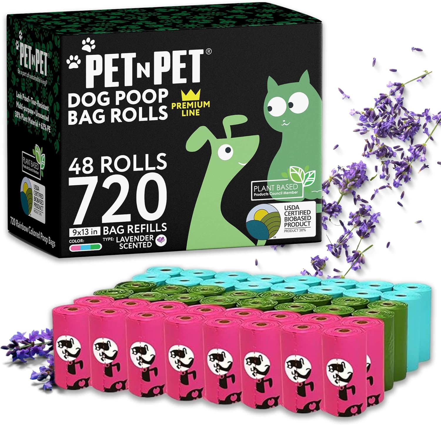 Pet N Pet 720 Counts Lavender Scented, Colorful Poop Bags for Dogs, 38% Plant Based & 62% PE Dog Poop Bags Rolls, Extra Thick Dog Waste Bag, Doggy Bag - Pet Explorer