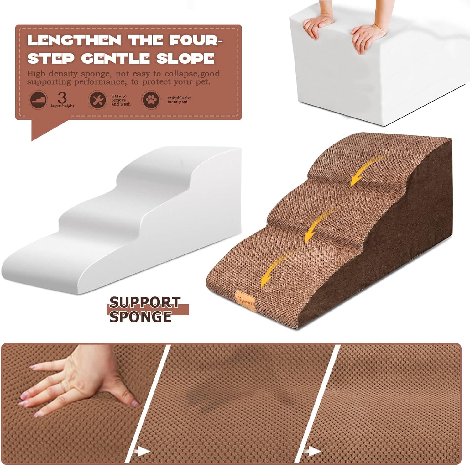 Topmart High Density Extended Foam Dog Ramp&Steps 3 Tiers,15.7" High,Non-Slip Dog Stairs with Waterproof Cover,Soft Foam Pet Ladder,Best for Injured,Older Cats,Pets with Joint Pain - Pet Explorer
