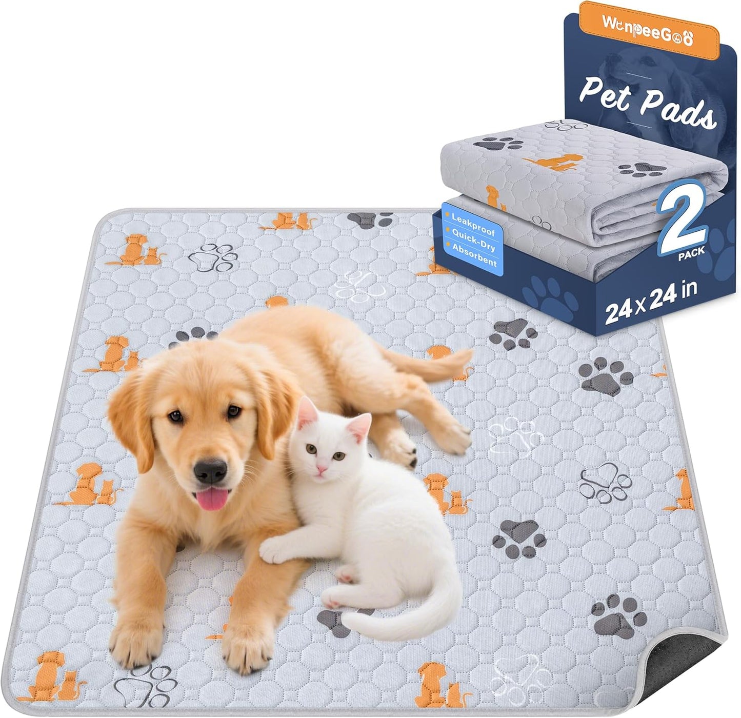 Washable Pee Pads for Dogs, 2 Pack Absorbent Reusable Training Dog Pads Pet Puppy Pads, Non-Slip Potty Pads for Whelping, Playpen, Crate, Bed, Orange, 24"x24" - Pet Explorer