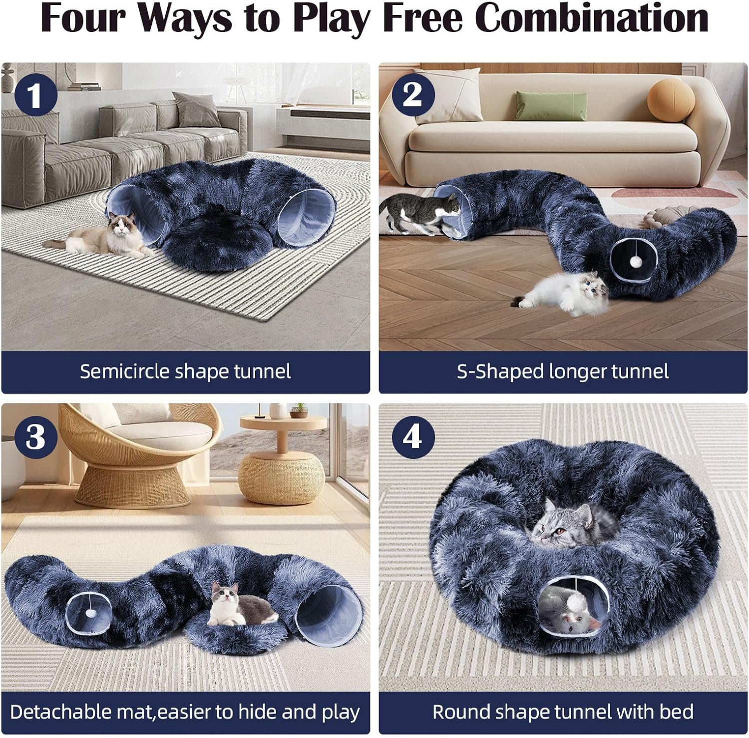 Odoland Cat Tunnels for Indoor Cats with Fluffy Plush Central Cat Couch and 20 Cat Toys, Tunnel Bed for Cats with Hanging Ball, Detachable Soft Mat and Variety Kitty Toy Set, Deep Blue - Pet Explorer