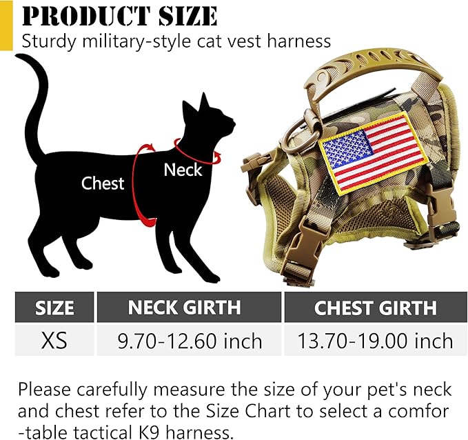 Tactical Cat Harness and Leash for Walking Escape Proof, Adjustable Military K9 Pet Vest Harness Easy Control for Large Cat, Puppy and Small Dog (Camo)