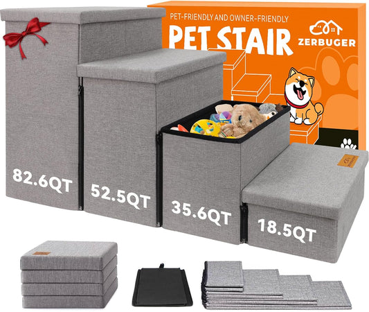 Dog Stairs with Storage 23" H, 4-Step Wider Dog Steps for High Beds Window, Folding Sturdy Pet Stairs Gift for Injured Old Dogs Cats, Ramp for Climbing Car Up to 200 lbs,(Gray, No Condo) - Pet Explorer
