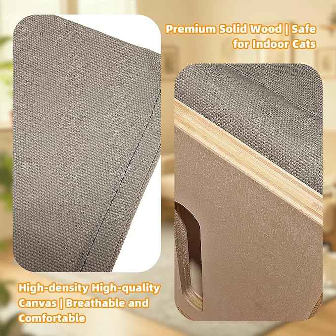 Cute Cat Head Wooden Indoor Cat House, Double Decker Cat Shelter with Elevated Soft Canvas Upper Bed, Multi-Level Pet Condo for Cats & Rabbits