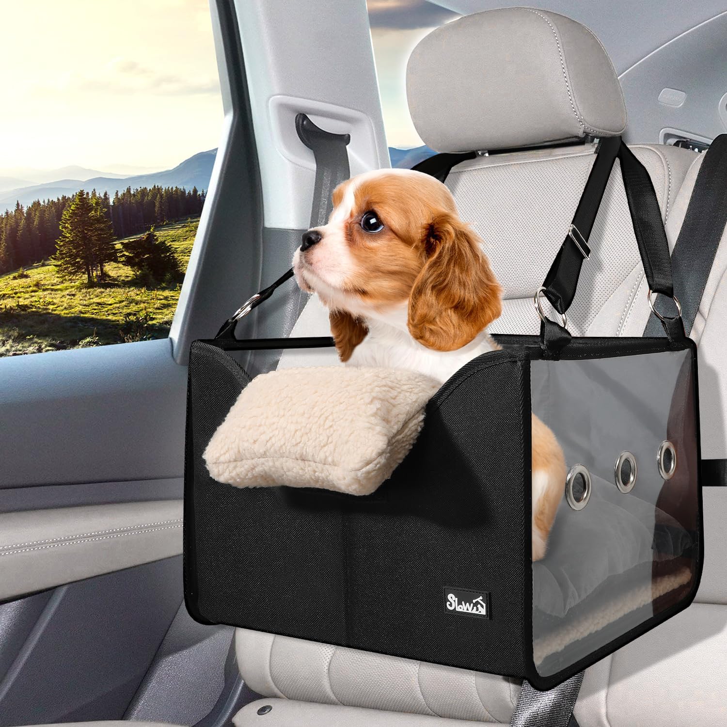 SlowTon Dog Car Seat for Small Dogs - Elevated Portable Dog Booster Seat Under 18 lbs, Pet Dog Travel Carrier with Clear Side Panel, Safety Belt and Soft Cushion - Pet Explorer