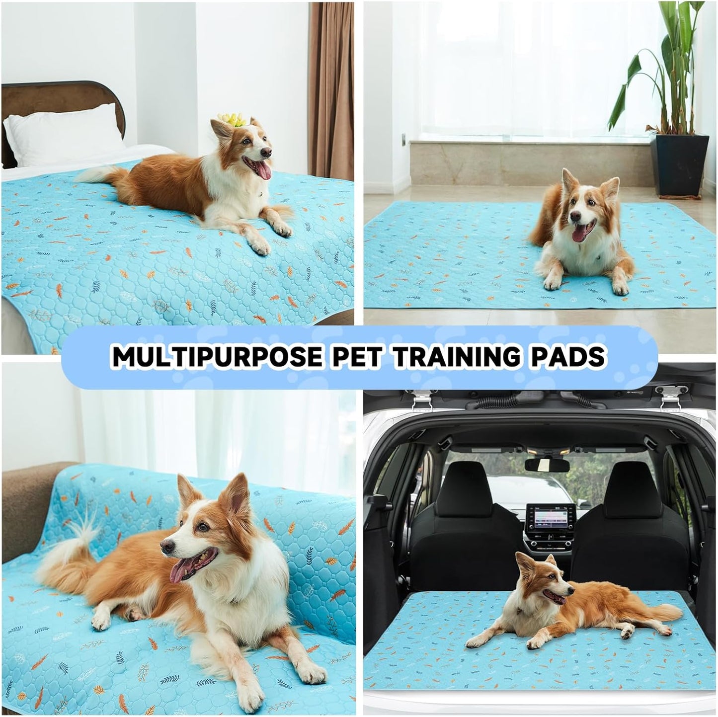 Sunheir Washable Pee Pads for Dogs 2-Pack Reusable Puppy Pet Training Pads, Waterproof Dog Crate, Whelping Pad, Non-Slip Protects Against Urine Leakage (Leaves - Sky Blue, 36x41) F-U1