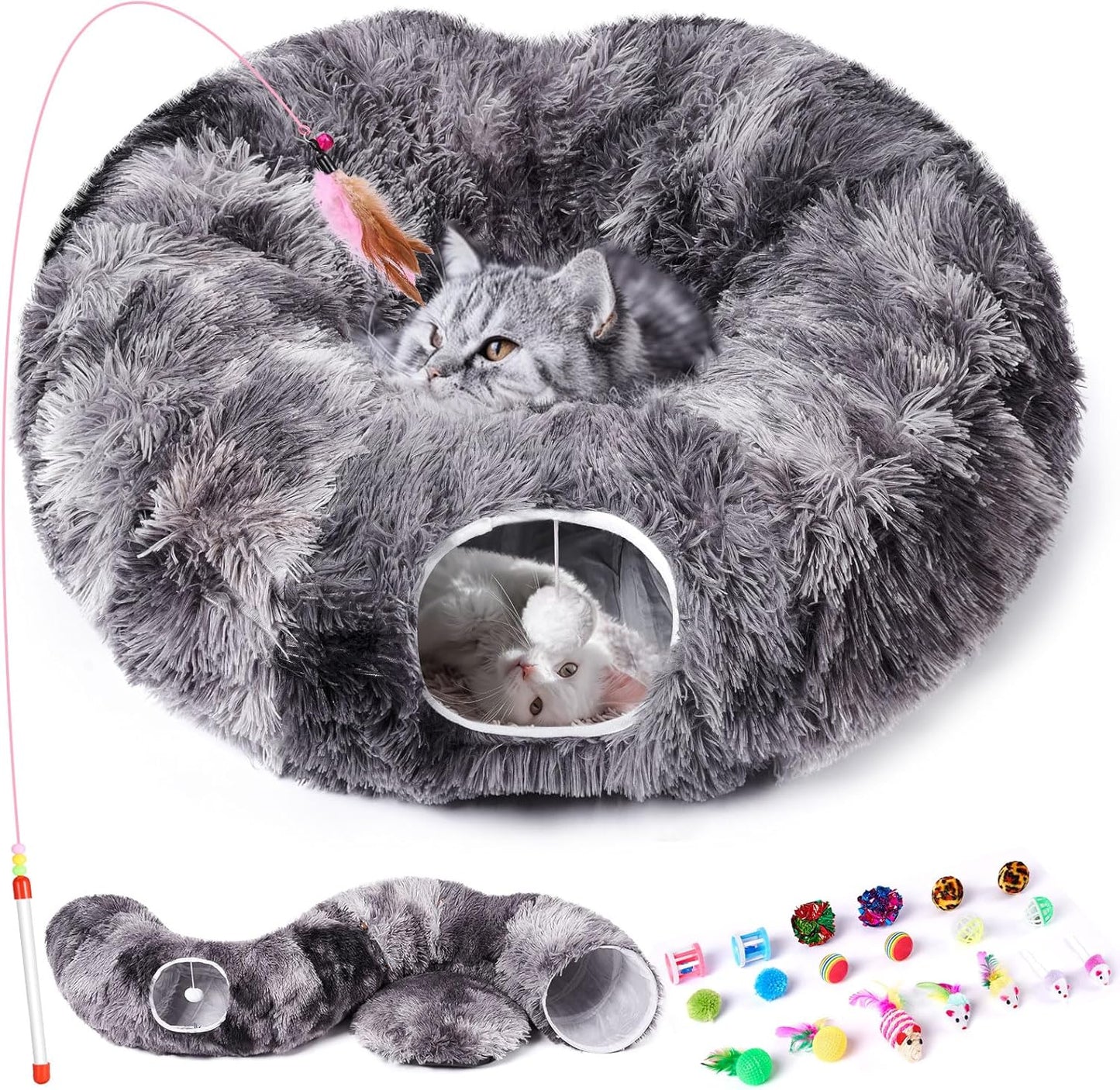 Odoland Cat Tunnels for Indoor Cats with Fluffy Plush Central Cat Couch and 20 Cat Toys, Tunnel Bed for Cats with Hanging Ball, Detachable Soft Mat and Variety Kitty Toy Set, Grey - Pet Explorer