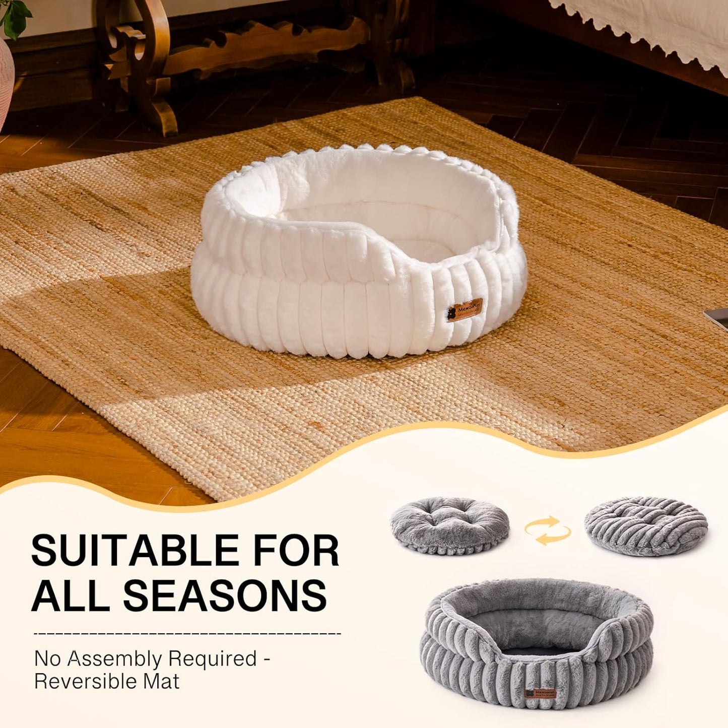 MEWOOFUN Washable Small Dog Bed, Cat Beds for Indoor Cats with Anti-Slip Bottom, Round Pet Bed for Puppy and Kitten (Beige, 24"x24"x9") - Pet Explorer