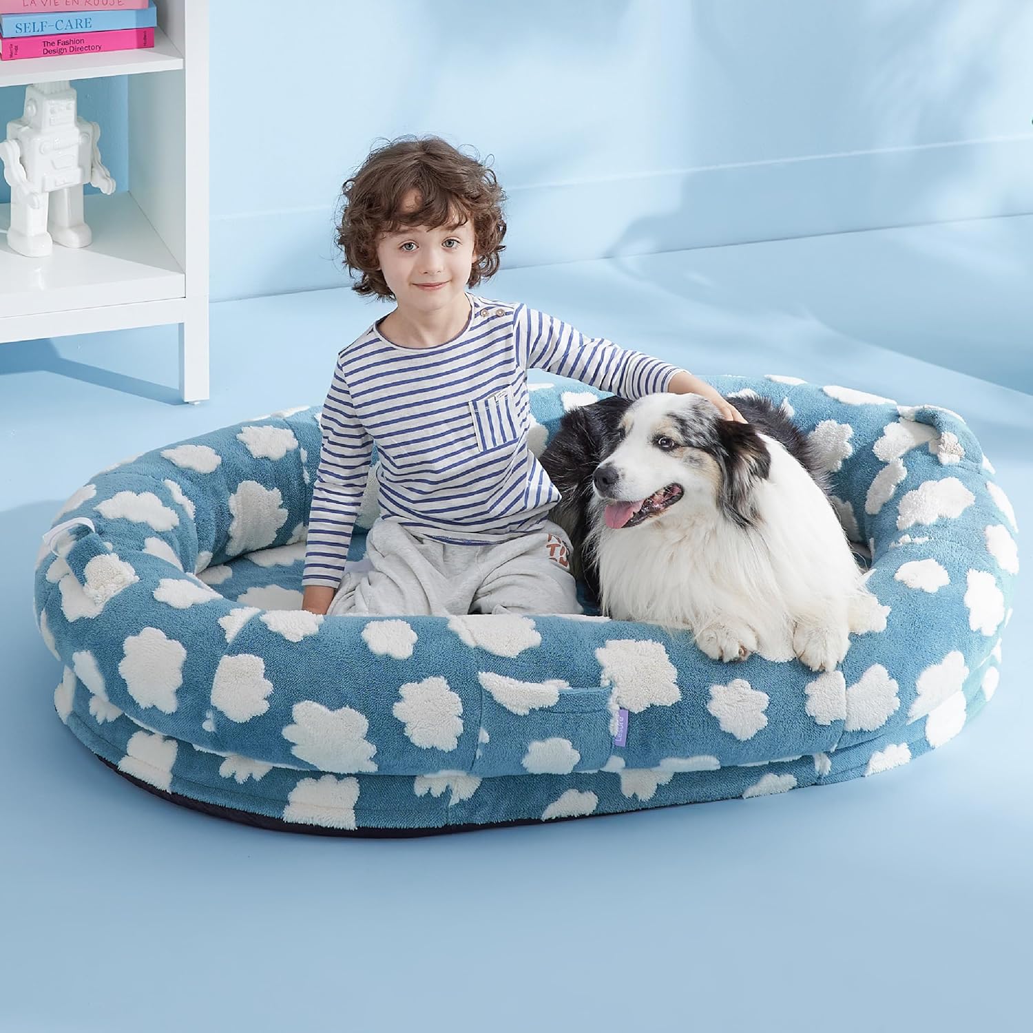 Lesure Human Dog Bed for Adult - Calming Human Size Dog Bed with Egg Foam Supportive Mat and Storage Pocket, Cute Modern Pet Beds with Jacquard Shaggy Plush & Anti Slip Bottom 55x37x10, Blue - Pet Explorer