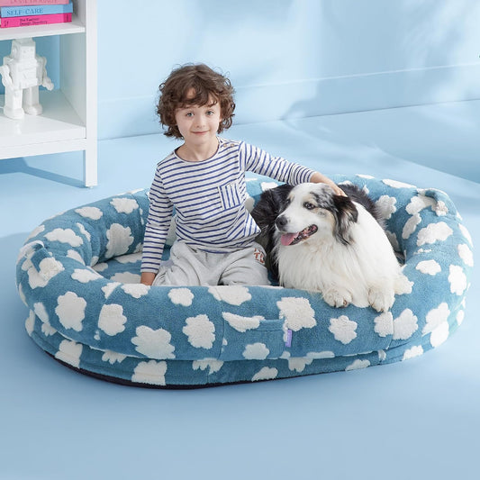 Lesure Human Dog Bed for Adult - Calming Human Size Dog Bed with Egg Foam Supportive Mat and Storage Pocket, Cute Modern Pet Beds with Jacquard Shaggy Plush & Anti Slip Bottom 55x37x10, Blue - Pet Explorer