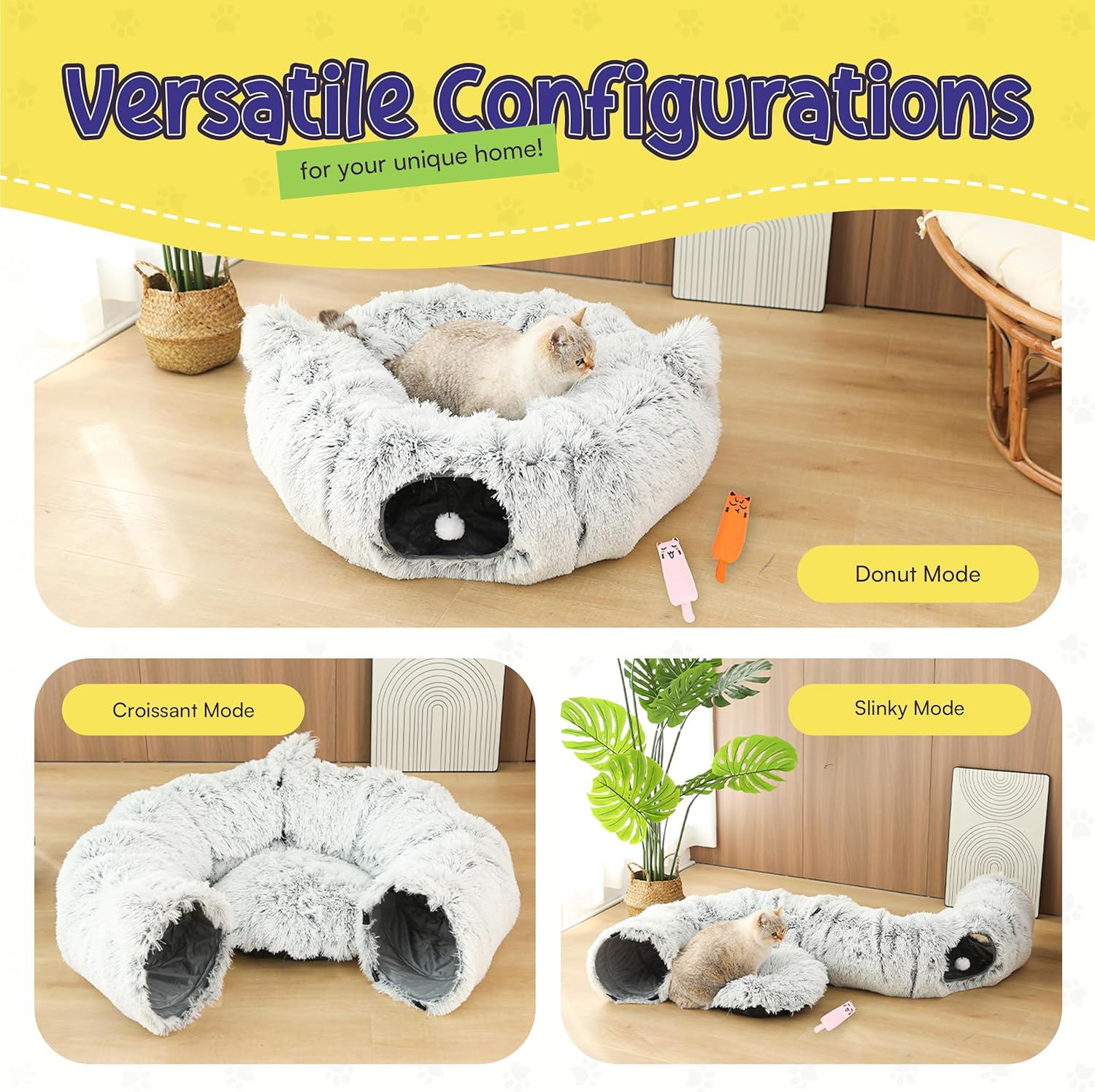 Cat Tunnel Bed Cave with Catnip Toys - Peekaboo Cat Hideaway & Cat Donut Tunnel - 3-in-1 Cat Tunnels for Indoor Cats - Foldable Cute Cat Bed - 32" Washable - Pet Explorer