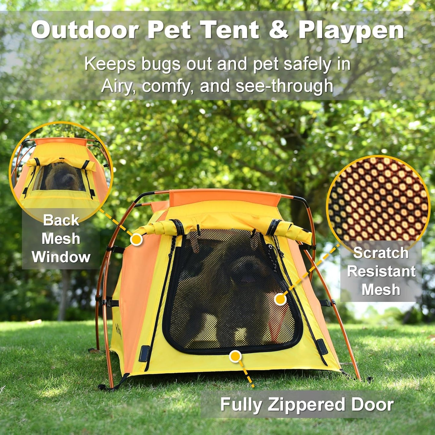 Dog Tent and Portable Playpen Outdoor Waterproof, with Aluminum Poles and Camping Mat, Pet Tent with Zippered Mesh Door, Dog House Outdoor, for Camping, Travel, Backyard, Patio (Yellow, Small) - Pet Explorer