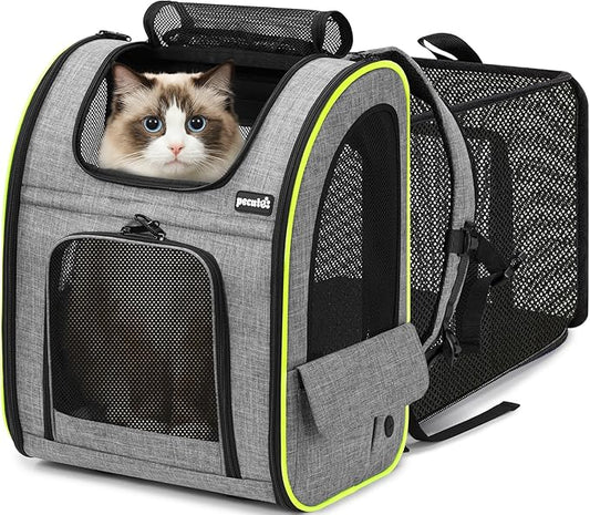 Pecute Cat Backpack Carrier XL, Expandable Pet Backpack for Cats & Small Dogs Up to 15lbs, with 4-Side Breathable Mesh, Multi-Entry & Lockable Zippers for Travel, Hiking, Camping - Hands Free, Gray