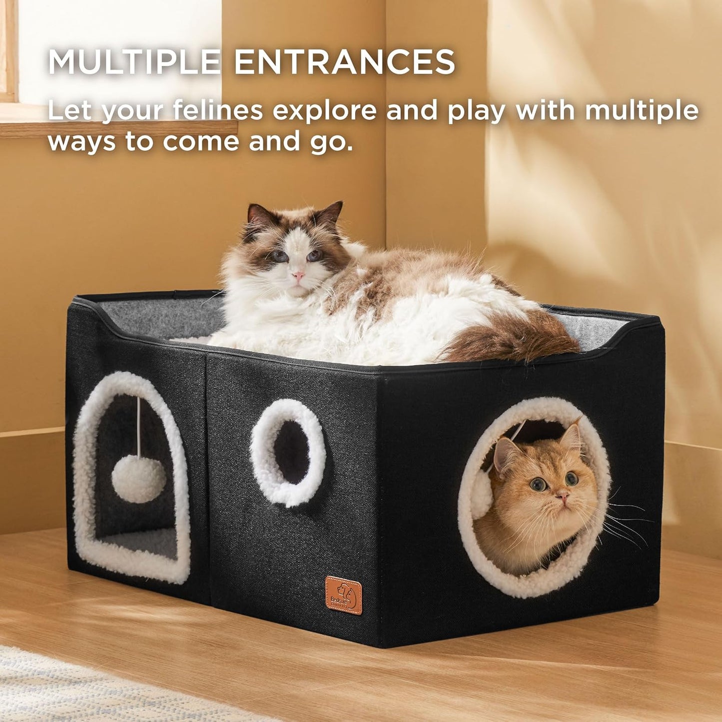 Bedsure Large Cat Beds for Indoor Cats - Extra Wide Cat Cube House for Small Pet with Fluffy Ball Hanging and Scratch Pad, Foldable Pet Cave Hideaway for Multiple Cats, 23.6x16.9x13 inches, Black - Pet Explorer