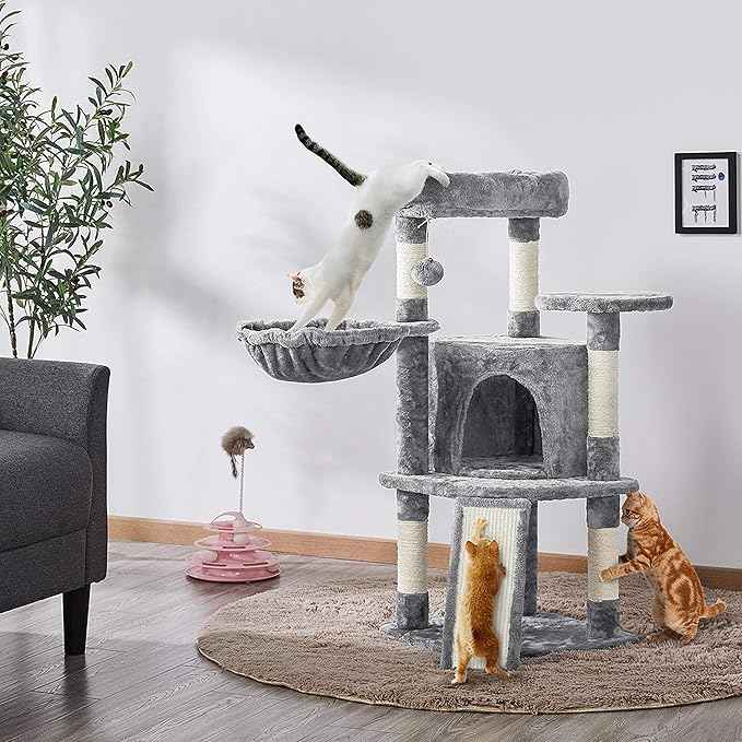 Topeakmart 42in Cat Tree Tower for Indoor Cats, Cat Condo with Perch & Hammock, Activity Center, Multi-Level Cat Furniture with Scratching Posts, Cat House, Light Gray