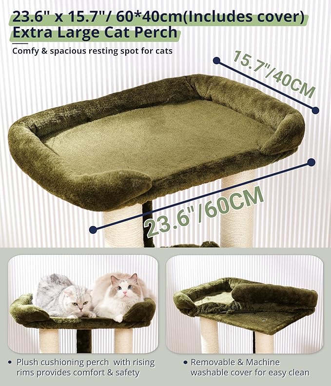 Happi N Pets 28" Cat Tree Tower, Tall Cat Scratching Post with Soft Perch for Window Viewing, Large Bed for Big Cats, Stable & Compact Cat Tower with Hammock, Removable Cover-Green