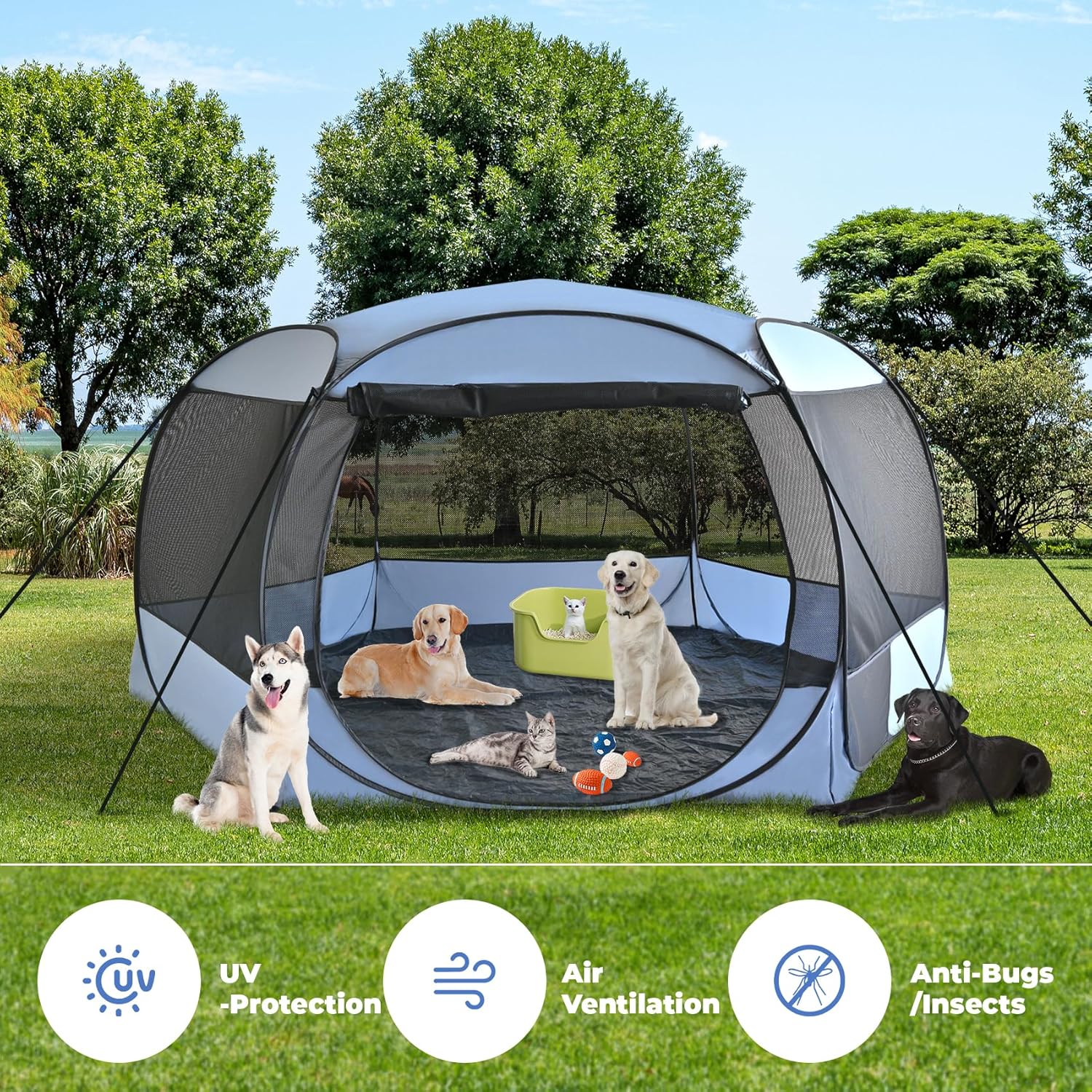 XXLarge Popup Portable Dog Houses, 10'x4.8'H Assembly-Free Gazebo-Style Kennel Dog Playpen Pet Screen Tent Sun Shade Shelter, Dog Crates Canopy for Travel Camping Anti-Bugs with Leakproof Bottom - Pet Explorer