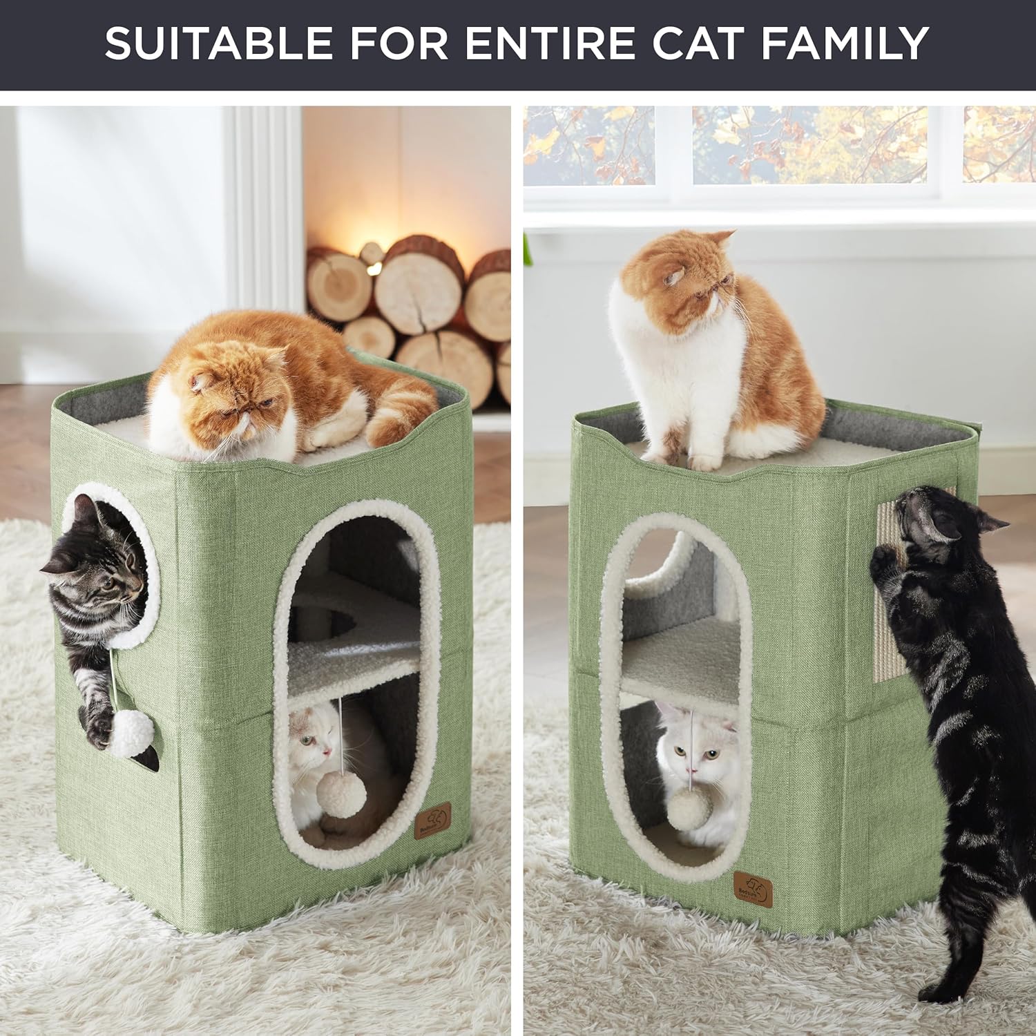Bedsure 2 Story Cat House - Cat Condos for Indoor Cats with Scratch Pad and Fluffy Ball Hanging, Small Pet Cave Furniture Hideaway for Multi Pets, 18x14x23 inches, Green - Pet Explorer