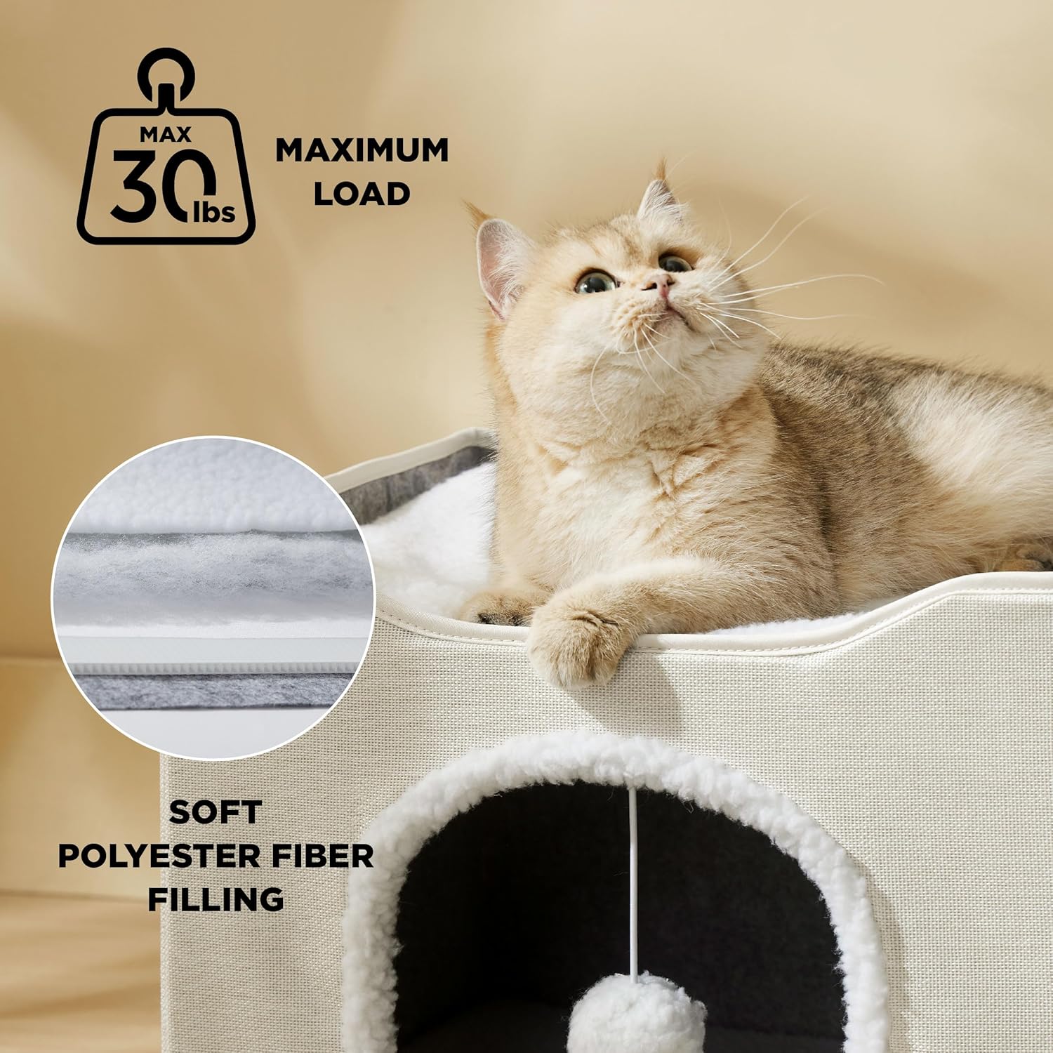 Bedsure Cat Beds for Indoor Cats - Large Cat Cave for Pet Cat House with Fluffy Ball Hanging and Scratch Pad, Foldable Cat Hideaway, 16.5x16.5x13 inches, Ivory - Pet Explorer