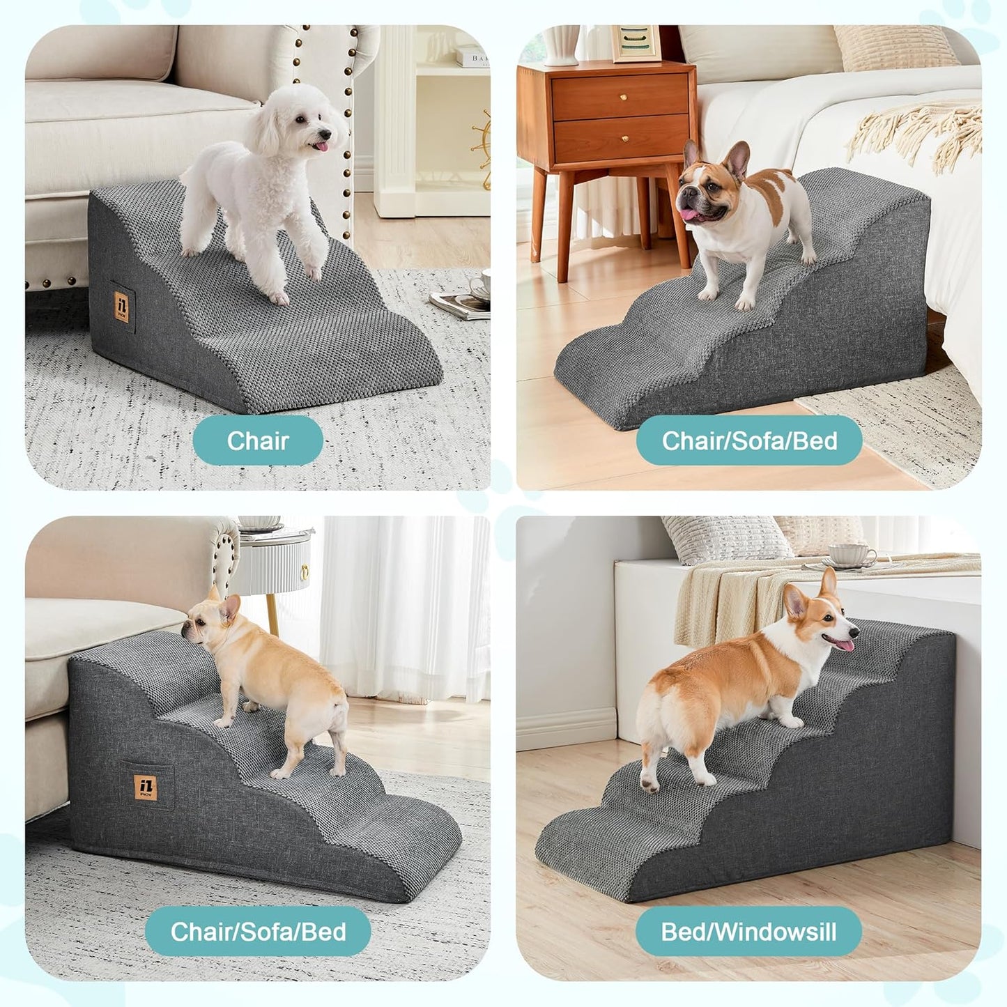 IFNOW Dog Stairs for Small Dogs and Cats 11.8" H, 3-Step Sturdy Dog Steps for Couch, Sofa or Chair, High-Density Foam Pet Stairs for Puppy, Older Cats, Non-Slip Curved Pet Ramp Indoor, Grey - Pet Explorer