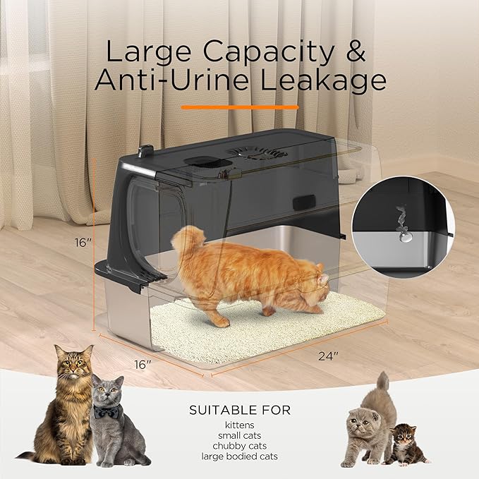 Citylife Stainless Steel Cat Litter Box with Lid, XL Extra Large Enclosed Removable Metal Litter Box with Litter Scoop&Double Layer Litter Mat, Non-Sticky, Non-Odor, Easy Cleaning, for Big Cats, Black