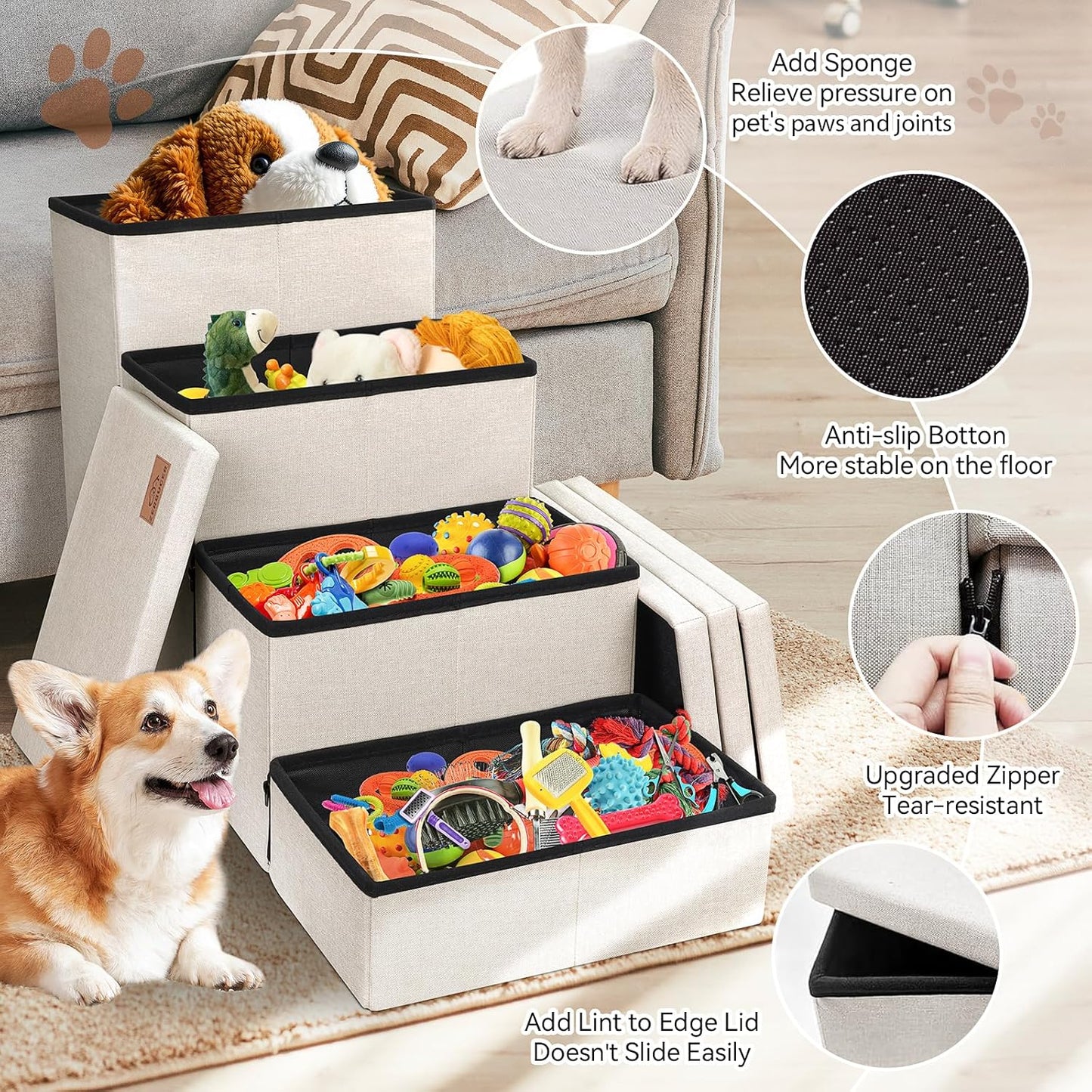 Dog Stairs with Storage 23" H, 4-Step Wider Dog Steps for High Beds Window, Folding Sturdy Pet Stairs Gift for Small/Medium/Large Old Dogs Cat, Ramp for Climbing Car Up to 200 lbs, Beige - Pet Explorer