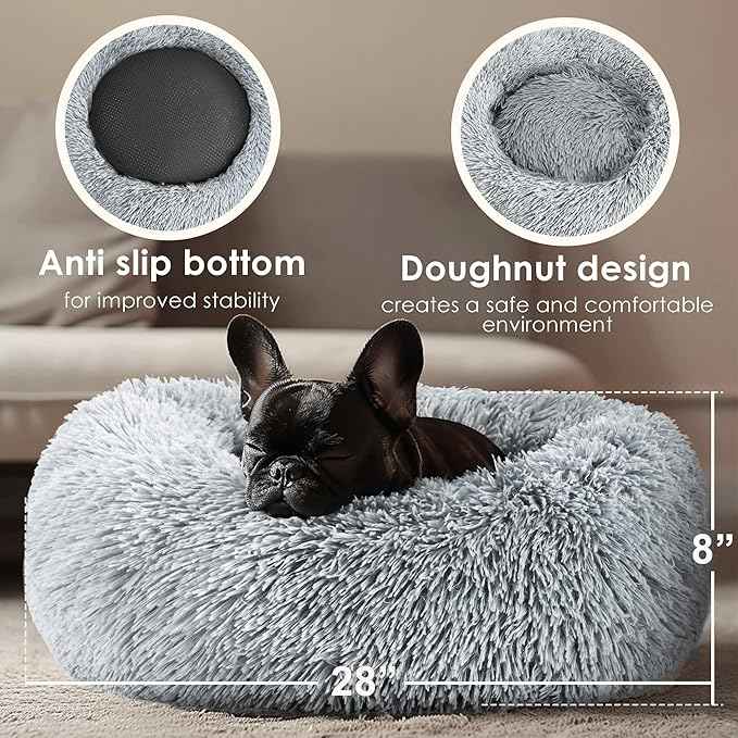 28in Large Dog Bed, Medium Size Dog and Cats, Calming Donut Bed for Puppy and Kitten, Washable Round Fluffy Pet Bed (Light Grey)