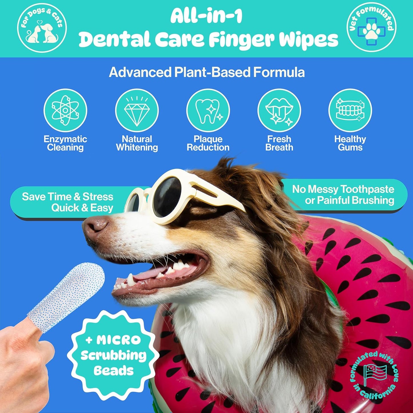 All-in-1 Dog Teeth Cleaning Wipes | Enzymatic Whitening + Micro Scrubbing Beads | No Mess, Pet Dental Wipes & Finger Tooth Brushing Kit | Plant-Based Dental Care for Cats & Dogs (60 Count) - Pet Explorer