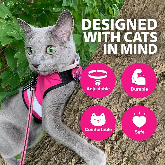 Kitty Holster Reflective Cat Harness – High-Visibility Cat Harness for Travel, Day and Night Walking - Soft Cotton Cat Accessories, Breathable, Secure & Washable, Made in USA - Flamingo Pink, S to M