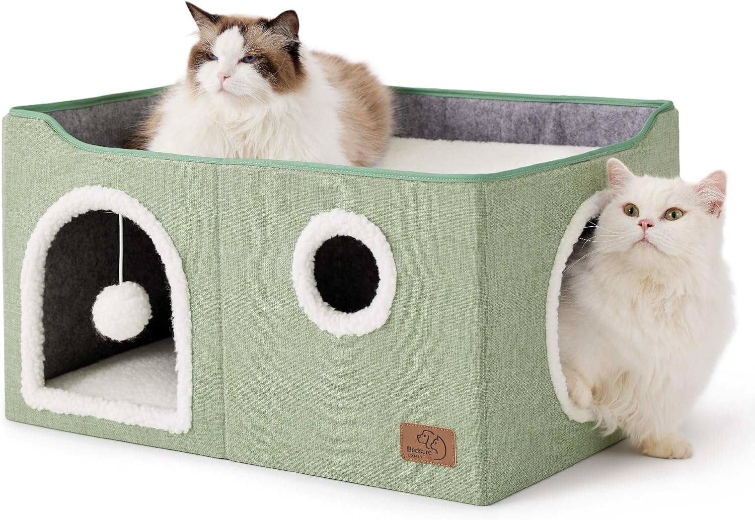 Bedsure Large Cat Beds for Indoor Cats - Extra Wide Cat Cube House for Small Pet with Fluffy Ball Hanging and Scratch Pad, Foldable Pet Cave Hideaway for Multiple Cats, 23.6x16.9x13 inches, Green - Pet Explorer
