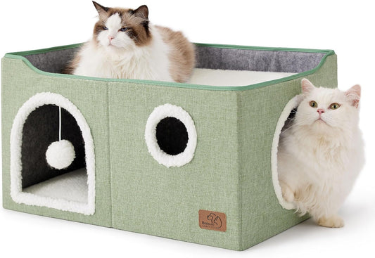 Bedsure Large Cat Beds for Indoor Cats - Extra Wide Cat Cube House for Small Pet with Fluffy Ball Hanging and Scratch Pad, Foldable Pet Cave Hideaway for Multiple Cats, 23.6x16.9x13 inches, Green - Pet Explorer