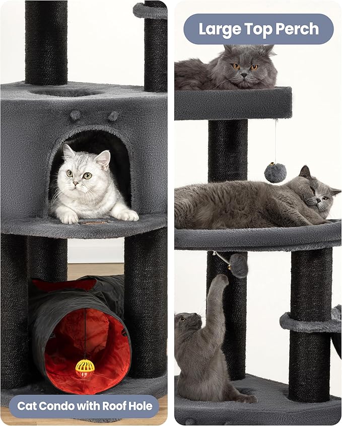 Heavy Duty Cat Tree for Large Cats Adult - 60 Inch XXL Sturdy Cat Tower Condo with Extra Wide Scratching Posts (φ4.4in) Big Cat House Hammock Perch - Indoor Wood Modern Multi Level Corner Cat Bed