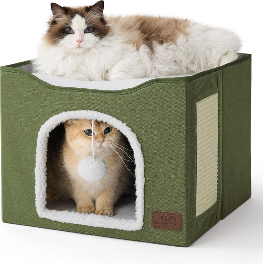 Bedsure Cat Beds for Indoor Cats - Large Cat Cave for Pet Cat House with Fluffy Ball Hanging and Scratch Pad, Foldable Cat Hideaway, 16.5x16.5x13 inches, Loden Green - Pet Explorer