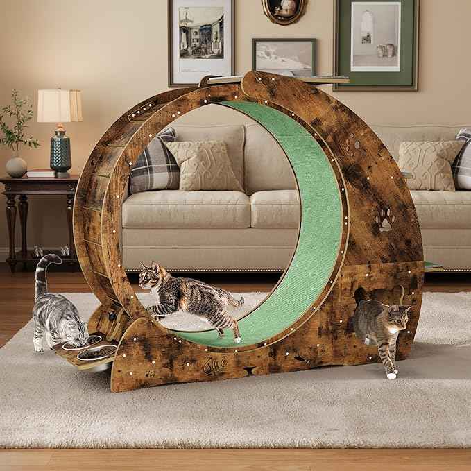 Cat Running Wheel for Indoor Cats, Large 6-in-1 Cat Treadmill with Bowls, Scratch Post & Resting House, Quiet Cats Wheel Exerciser for Kitty Fitness Brown