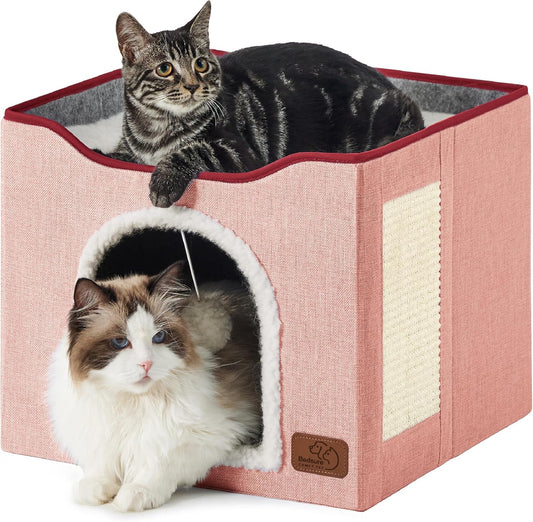 Bedsure Cat Beds for Indoor Cats - Large Cat Cave for Pet Cat House with Fluffy Ball Hanging and Scratch Pad, Foldable Cat Hideaway,16.5x16.5x13 inches, Pink - Pet Explorer
