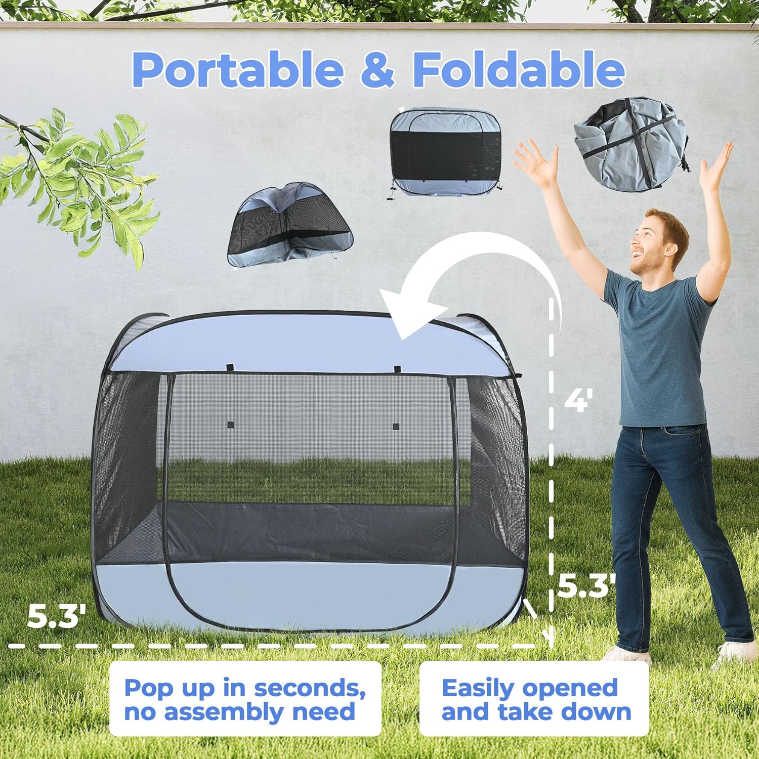 EighteenTek XLarge Popup Portable Dog Houses, 5.3'x4'H Assembly-Free Gazebo-Style Dog Cot Cat Playpen Screen Pet Tent Sun Shade Shelter Dog Bed with Canopy for Outdoor, Anti-Bugs with Leakproof Bottom - Pet Explorer